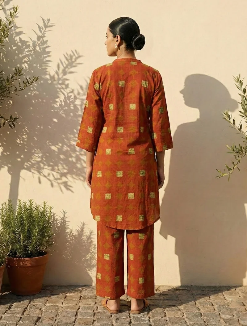ترو برونز trueBrowns Rust Geometric Print Kurta Pant Set